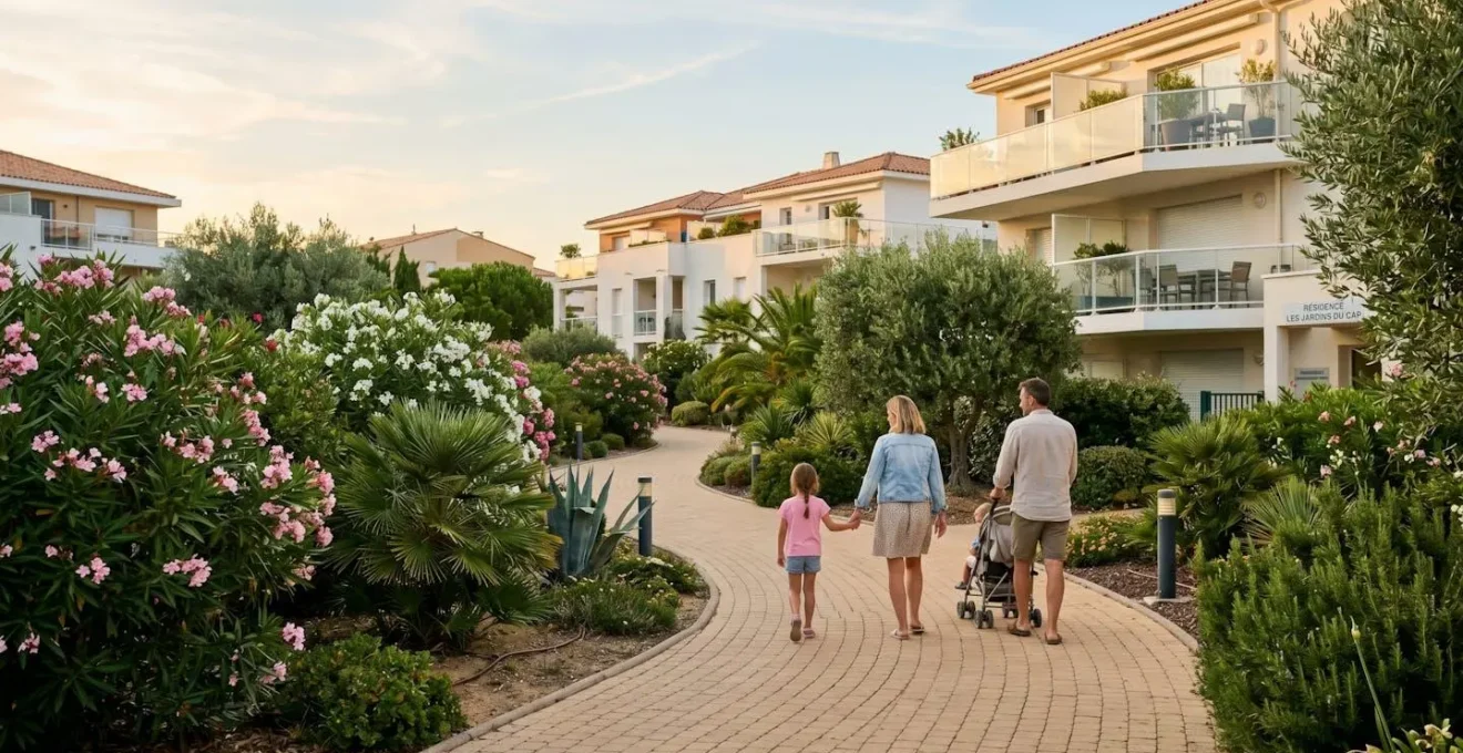 Allée piétonne bordée de végétation méditerranéenne dans une résidence sécurisée au Cap d'Agde, ambiance calme et familiale