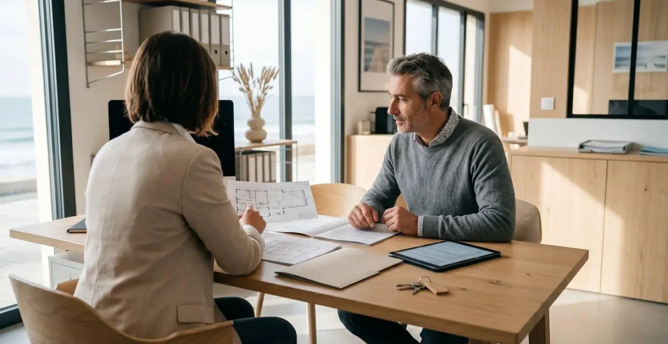 Conseiller immobilier présentant un dossier de location à un propriétaire dans une agence moderne avec vue mer, bureau en bois clair avec plans de logement et clés