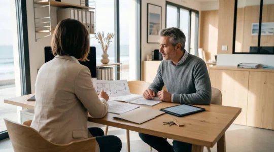 Conseiller immobilier présentant un dossier de location à un propriétaire dans une agence moderne avec vue mer, bureau en bois clair avec plans de logement et clés