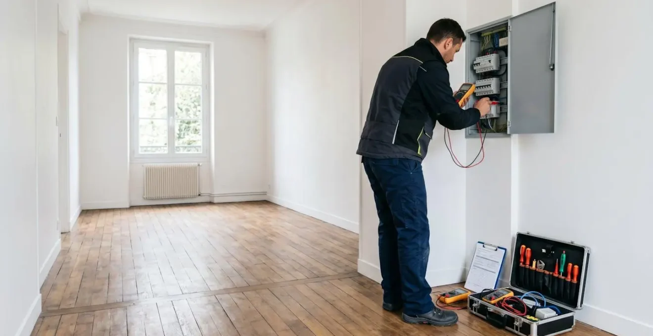 Diagnostiqueur immobilier certifié réalisant un contrôle électrique devant un tableau ouvert dans un logement vacant en préparation de location