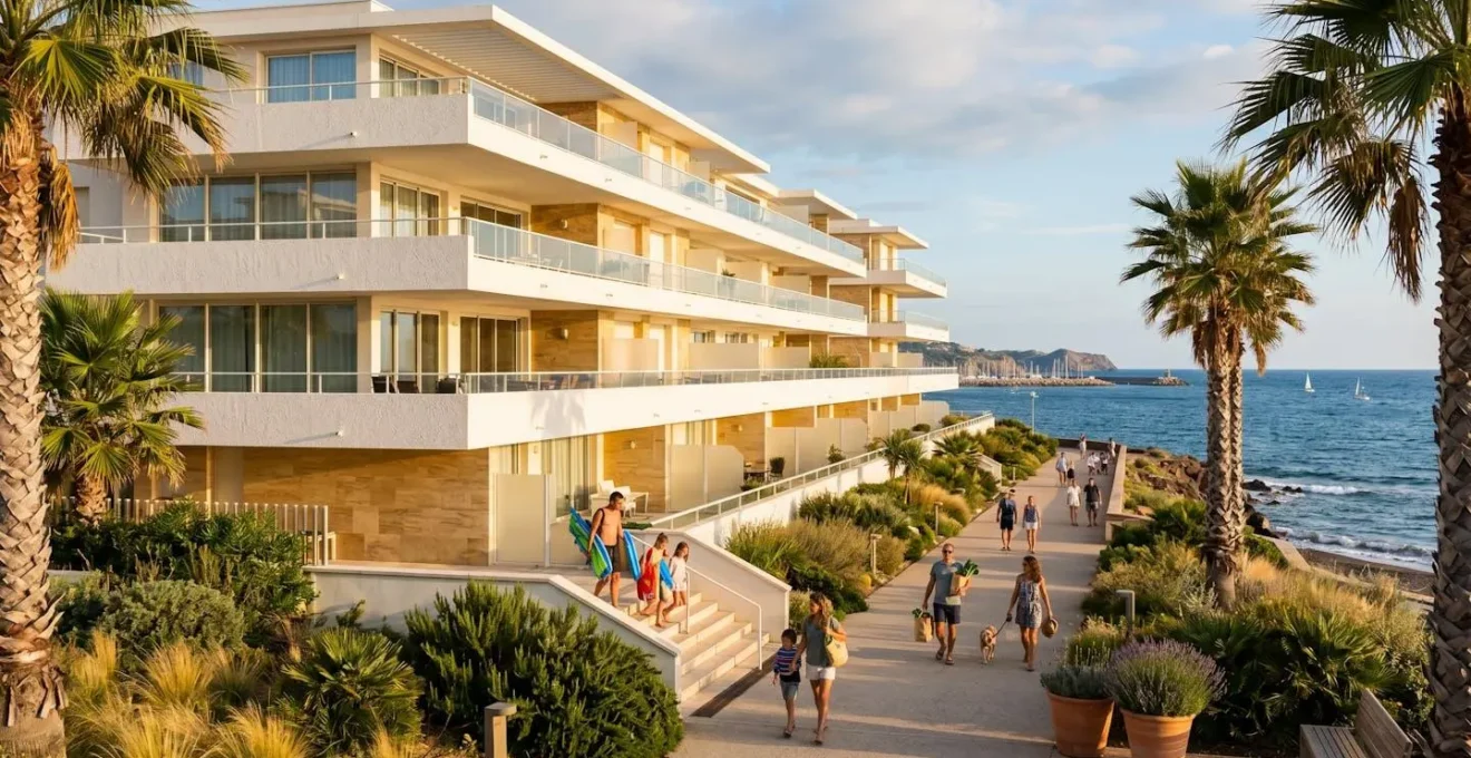 Façade moderne d'une résidence sécurisée en front de mer au Cap d'Agde, avec terrasses vue Méditerranée et allées piétonnes bordées de palmiers