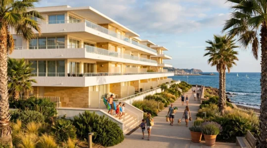 Façade moderne d'une résidence sécurisée en front de mer au Cap d'Agde, avec terrasses vue Méditerranée et allées piétonnes bordées de palmiers