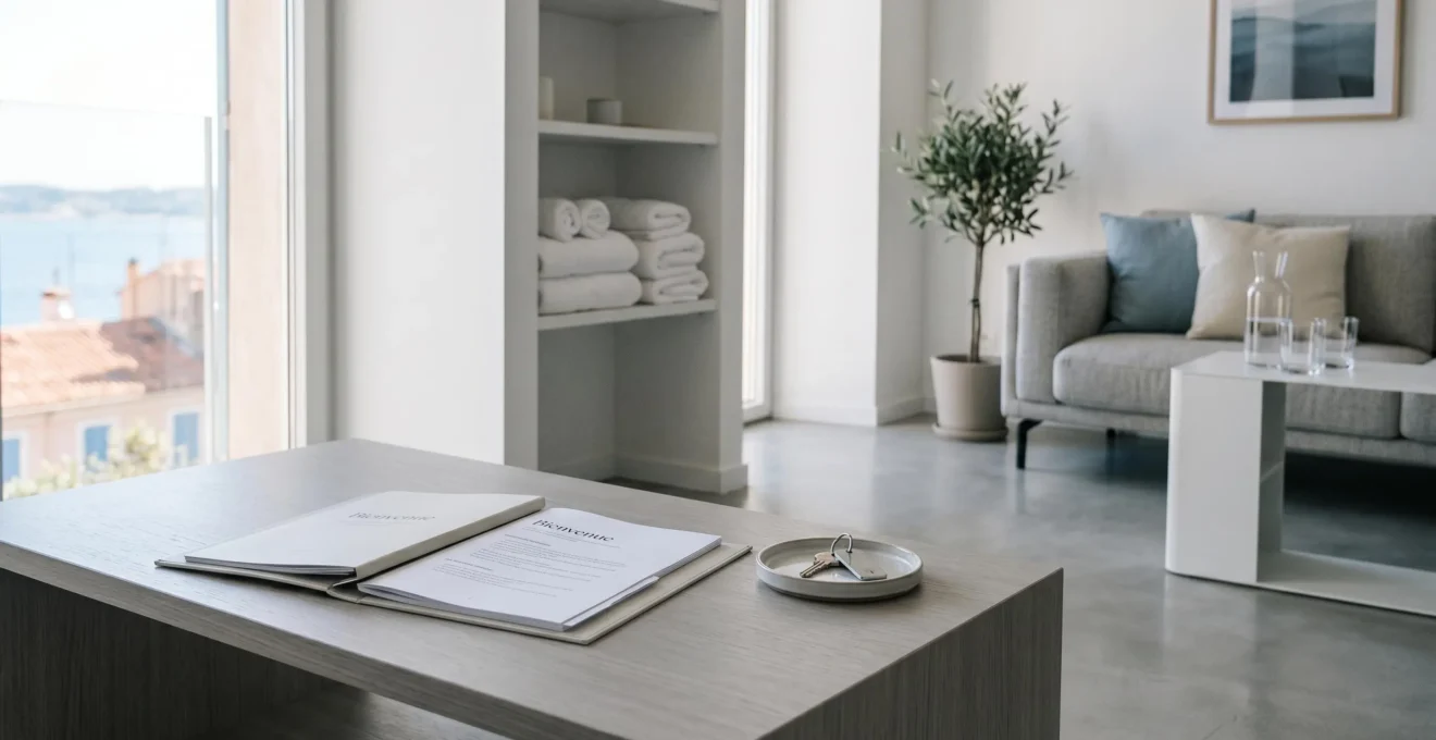 Intérieur d'appartement de location saisonnière préparé pour l'accueil des locataires : classeur de bienvenue, clés et linge plié sur table basse dans décor contemporain épuré