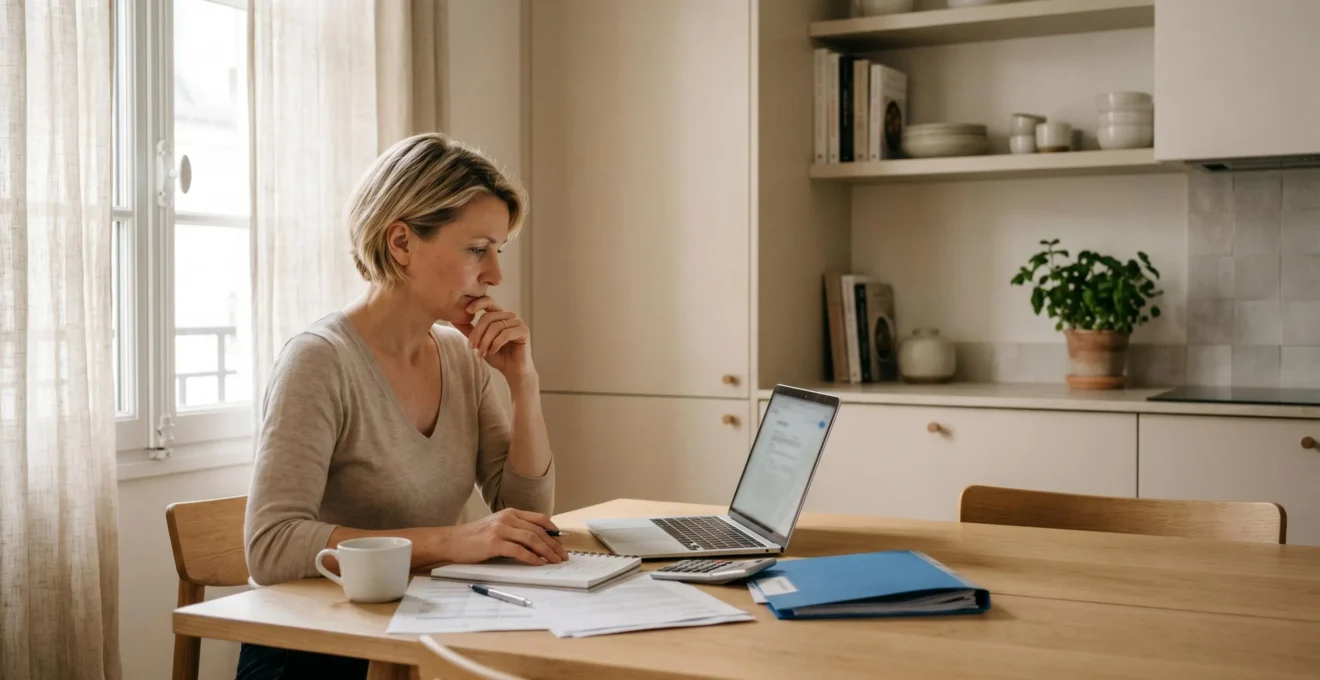 Propriétaire immobilier réfléchissant à ses options de gestion locative à domicile avec ordinateur, calculatrice et documents sur table de cuisine