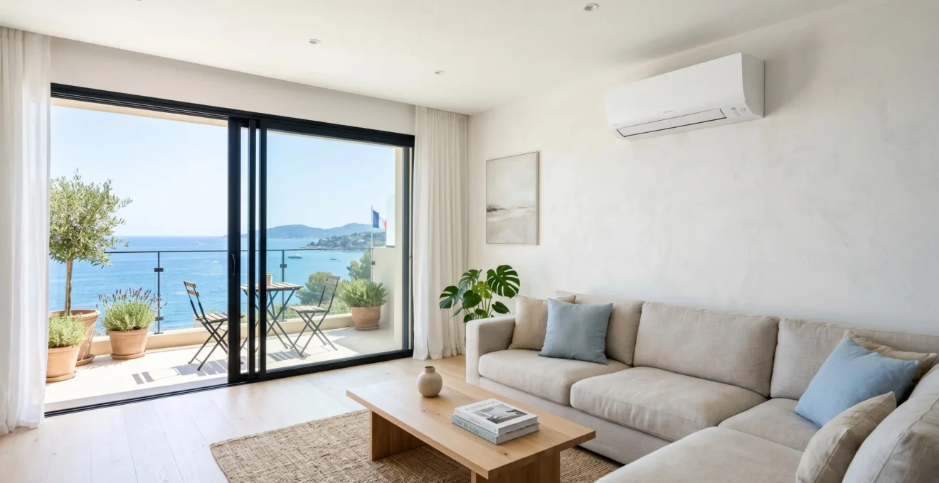 Séjour lumineux d'appartement de location saisonnière équipé d'une climatisation murale moderne, avec baie vitrée donnant sur extérieur et décor contemporain épuré