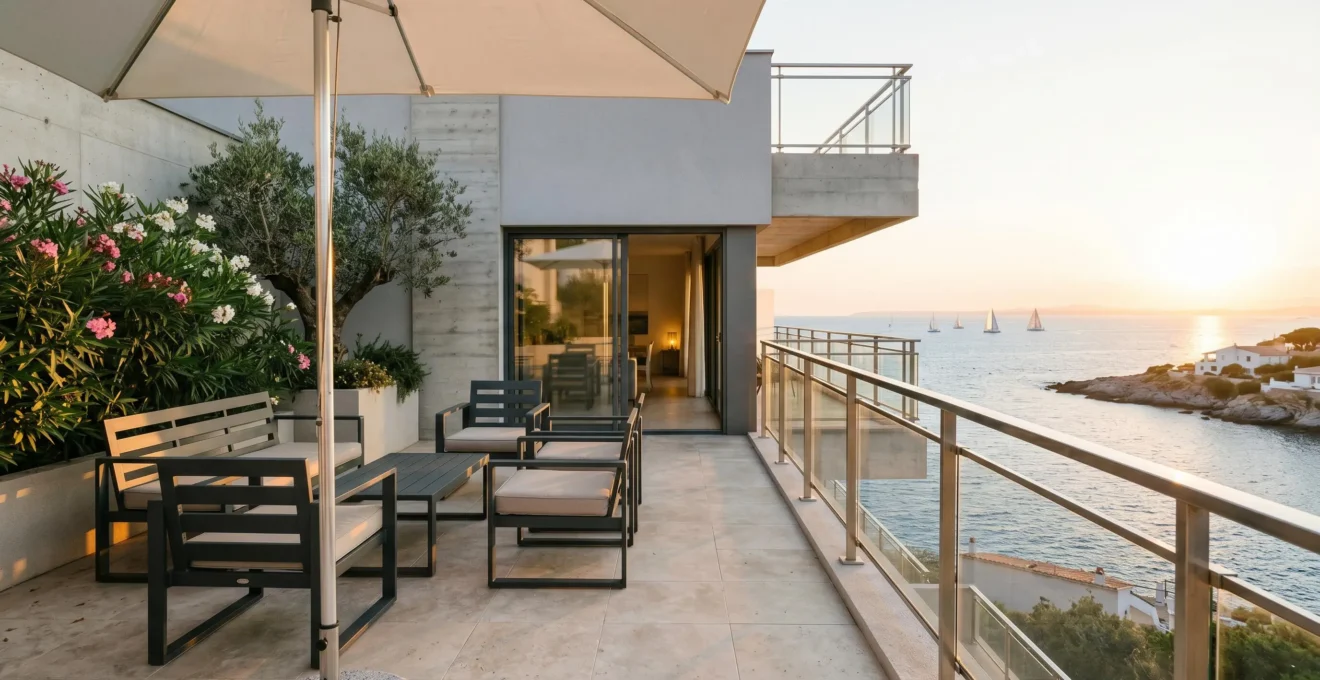 Terrasse aménagée d'un appartement de location saisonnière en bord de Méditerranée, avec vue mer, mobilier extérieur et architecture contemporaine sous lumière dorée