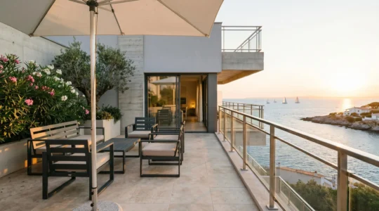 Terrasse aménagée d'un appartement de location saisonnière en bord de Méditerranée, avec vue mer, mobilier extérieur et architecture contemporaine sous lumière dorée